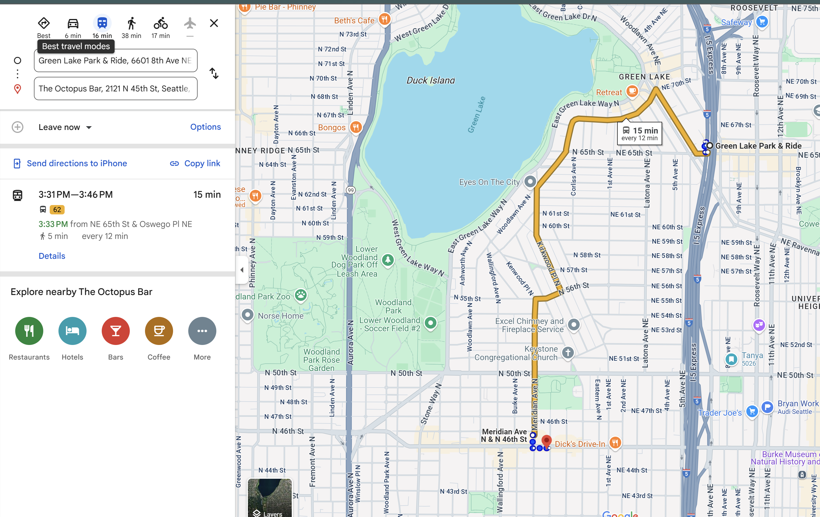 62 Bus Route from Green Lake Park & Ride to The Octopus Bar
